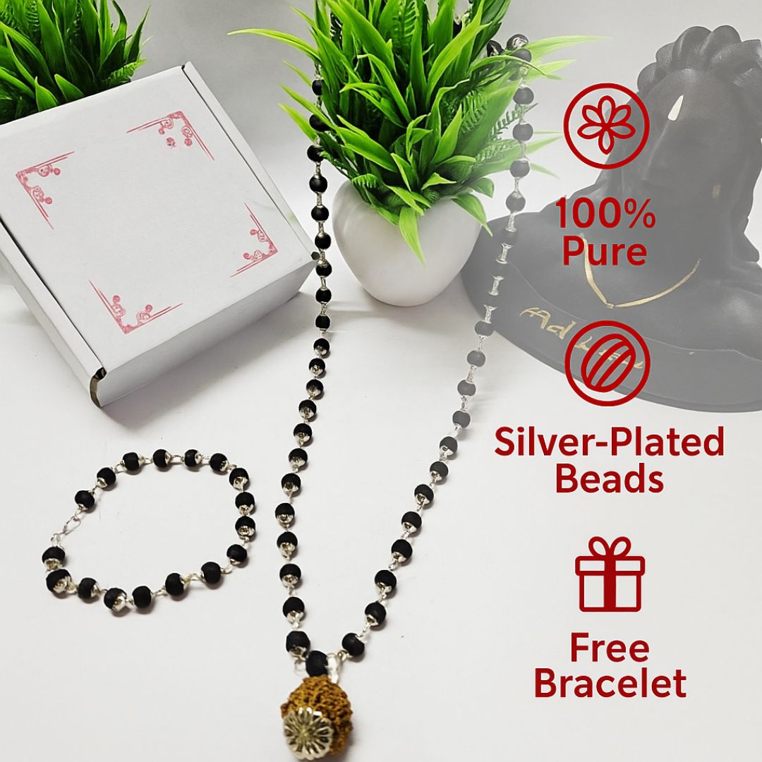 Karungali Rudraksh Mala Silver Plated (Free Bracelet)