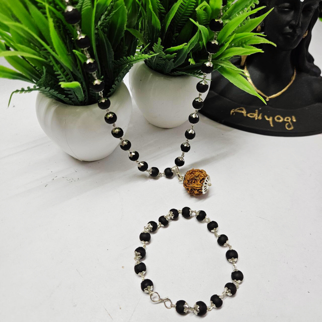 Karungali Rudraksh Mala Silver Plated (Free Bracelet)