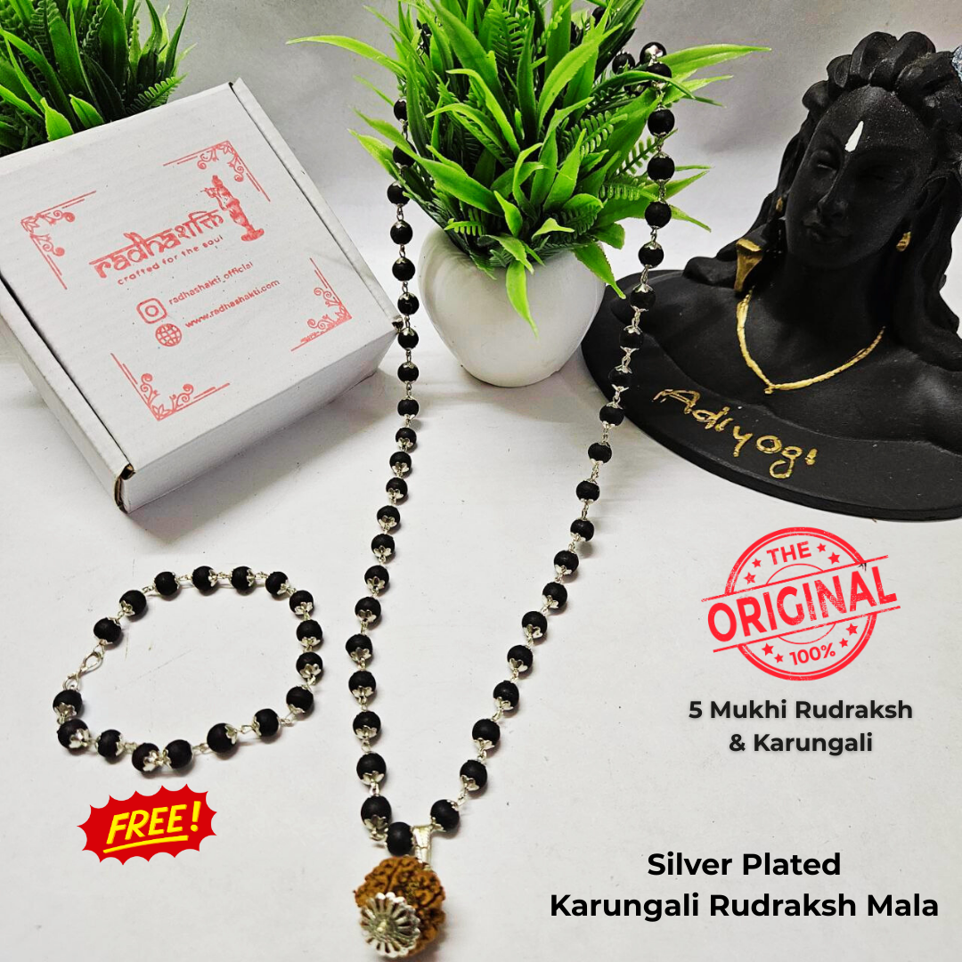 Karungali Rudraksh Mala Silver Plated (Free Bracelet)